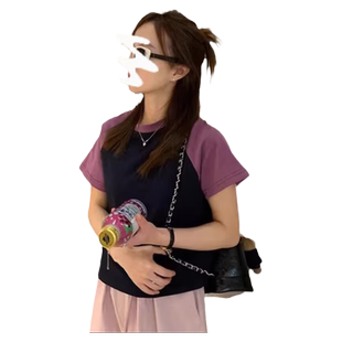 早春夏装拼色插肩短袖T恤女修身打底衫纯棉半袖小个子短款上衣服