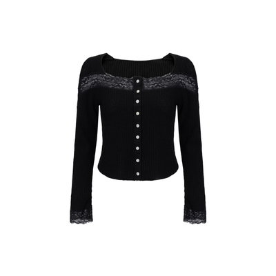 羊毛针织蕾丝打底衫法式黑色