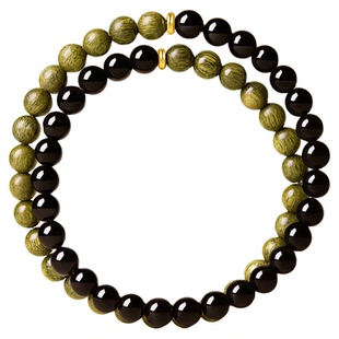 庆祥泰天然黑曜石绿檀木手串双圈檀香文玩正品男女款手链木质饰品