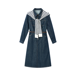 时尚衬衫领原色牛仔裙MOFAN摩凡2025秋条纹披肩假两件显瘦连衣裙