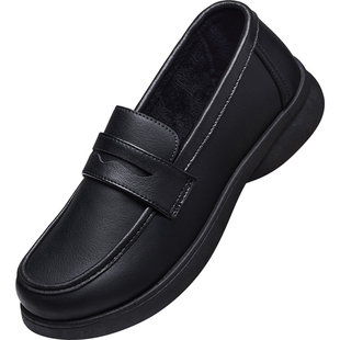 肯德基防滑工作鞋女冬季加绒舒适妈妈棉鞋上班不累脚软底黑色皮鞋