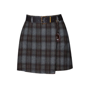复古格纹毛呢半身裙女秋冬季加厚不规则包臀裙小个子a字格子短裙