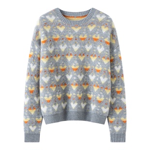 秋冬新款100%山羊绒衫女圆领爱心针织衫宽松加厚毛衣打底套头内搭