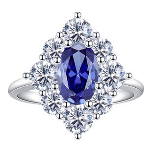 高定仿真坦桑蓝宝戒指指环女925通体纯银日常爆闪轻奢高级感高碳