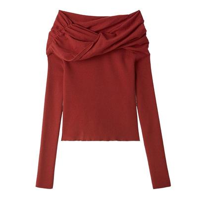 SNIDEL一字领露肩扭结修身针织衫