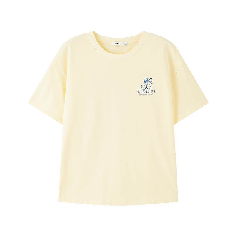 三福黄色短袖女2026新款夏季休闲樱桃印花宽松圆领上衣女装521278