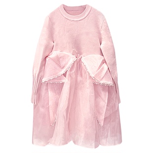 Qimoo/淇木冬季新款童装女童毛织拼欧根纱设计连衣裙QCL4LP341C