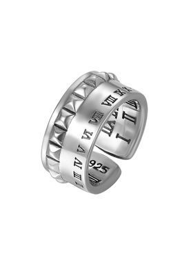 潮人个性小众S925纯银复古做旧古罗马十二时辰时间刻度戒指男情侣