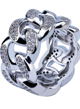 欧美个性嘻哈潮流情侣戒指天然锆石人工镶嵌古巴链锁链指环街头潮