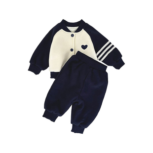 女宝宝冬款棒球服套装男童韩系加厚保暖外套婴儿加绒帅气束脚裤子