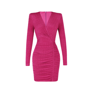 XULU原创肌理醋酸气质温柔知性V领褶皱优雅显瘦长袖包臀连衣裙