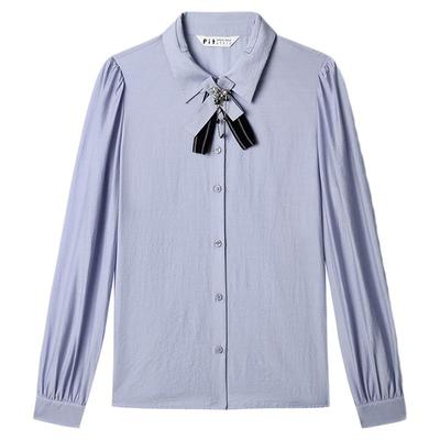 PIT法式复古蓝色领结长袖雪纺衫衬衫女2025夏薄款透气打底衫上衣