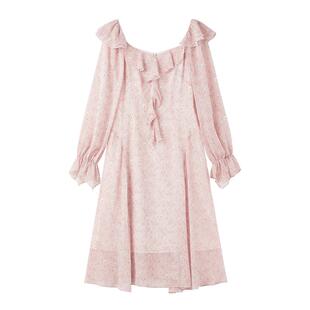 雪纺碎花法式连衣裙女2026年春季新款女装复古大气荷叶边圆领裙子