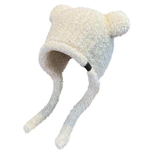 卡通针织帽子女秋冬网红百搭显脸小毛线帽日系毛绒保暖护耳雷锋帽