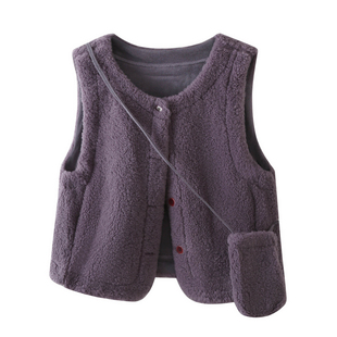 紫色羊羔毛马甲女秋冬韩系叠穿宽松皮毛一体坎肩背心加绒外套配包