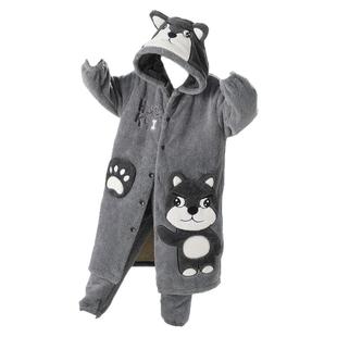 2025年新款睡衣男秋冬季加厚加绒青少年大童珊瑚绒睡袍长款家居服