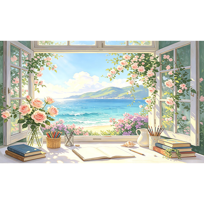 海景窗户自粘贴画风景墙贴卧室客厅装饰画贴纸治愈宿舍壁画可定制