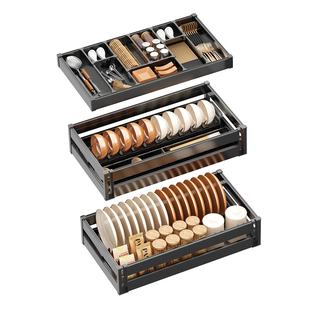 浅柜拉篮厨房橱柜三双层抽屉式碗碟篮400深收纳调味浅柜碗碟拉篮