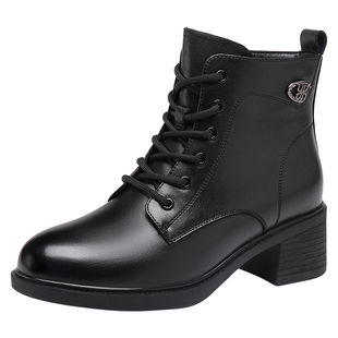 红蜻蜓女鞋冬季靴子高跟马丁靴女款新款真皮加绒保暖短靴英伦棉靴