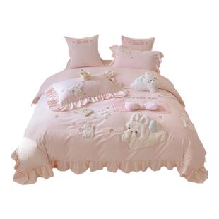 冬季可爱兔子加厚牛奶绒四件套公主风儿童卡通毛绒被套珊瑚绒床单