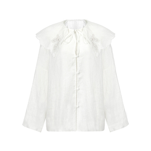 Bettychow 亚麻刺绣大领子衬衫娃娃领小众高品质打底衫白色灰色