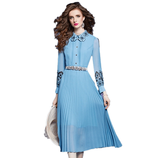 菲梦伊乔其纱连衣裙女秋季法式设计感小众收腰绣花度假百褶长裙子