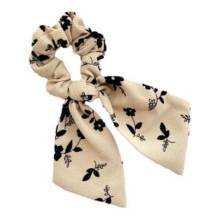 秋日奶茶色发饰华夫格大肠圈法式风情蝴蝶结发圈飘带发绳盘发头饰