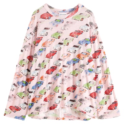 独家限定粉短句汽车印花长袖T恤