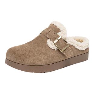 依思q真皮毛绒勃肯鞋女2025秋冬新款加绒厚底软底半拖毛毛鞋外穿