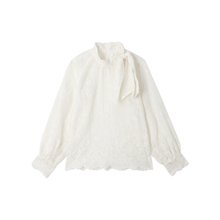 姜雯 法式气质半高领重工刺绣蝴蝶结衬衫女浮雕花卉提花长袖衬衣