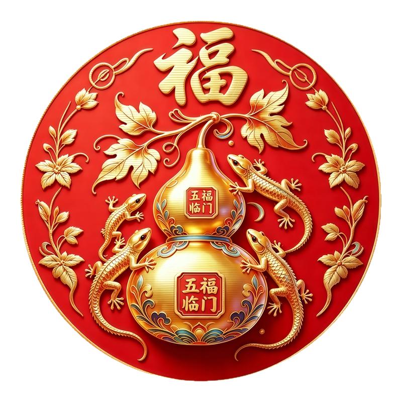 壁虎缠葫芦五福圆墙贴画好撕无残胶客厅纳福遮瑕可移除装饰贴纸画