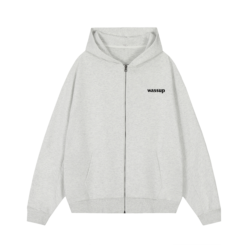 WASSUP潮牌美式简约白花灰色连帽logo开衫卫衣重磅春秋青少年外套