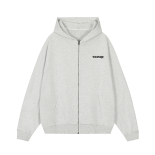 WASSUP潮牌美式简约白花灰色连帽logo开衫卫衣重磅春秋青少年外套