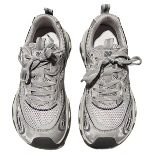 4CM增高~金属色厚底歪头老爹鞋女配堆堆袜运动鞋时尚学生休闲女鞋