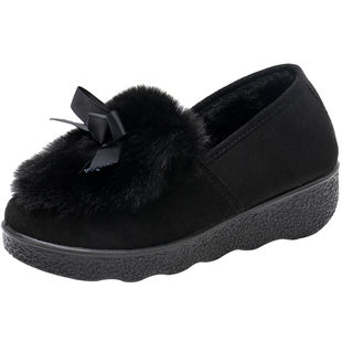 秋冬老北京布鞋豆豆女鞋厚底坡跟松糕底加绒保暖棉鞋女黑色工作鞋