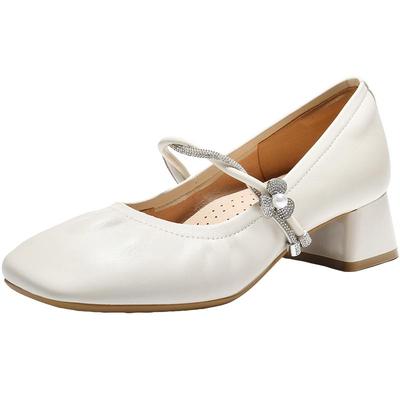 百丽羊皮一字带粗高跟玛丽珍鞋女2026春季新款银色浅口单鞋F1S1DA