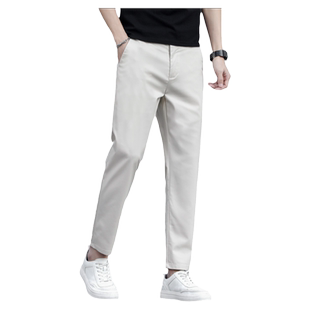 男生休闲裤锥形九分裤修身直筒米白色裤子男 9分时尚男裤夏季薄款