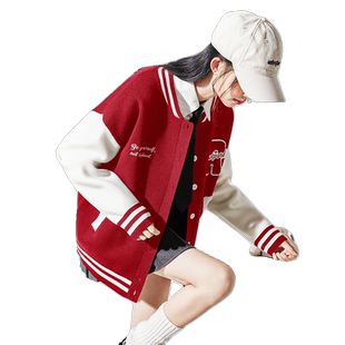 唐狮红色毛衣外套女春秋新款女棒球服开衫撞色美式复古上衣cz