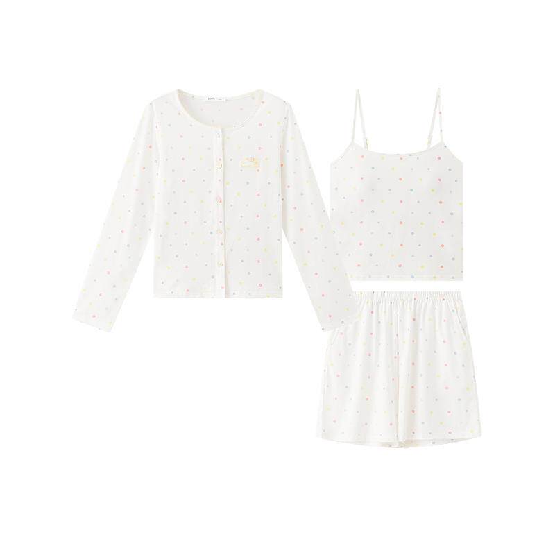 三福女夏季彩色波点三件套睡衣 甜系少女宽松柔软家居服517951