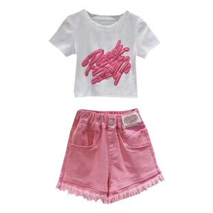 女童夏季套装2025新款韩版儿童洋气修身字母T恤时髦短裤两件套潮