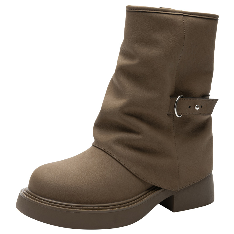 大东女鞋时装靴2025冬季新款时尚短靴潮酷粗跟堆堆靴圆头女靴子