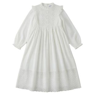 女童白色公主裙春装长袖连衣裙花边镂空裙子2025年新款中大童洋气