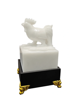 白玉公鸡招财玉玺印章摆件