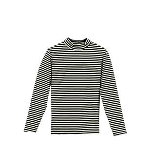 半高领女装条纹T恤德绒秋衣中领长袖洋气上衣宽松打底衫内搭春秋