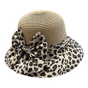 蝴蝶结豹纹渔夫帽子女出游度假草编透气防晒遮阳帽显脸小盆帽草帽