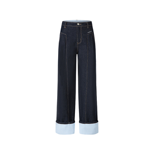 HERLIAN2025年秋季新品女士牛仔裤裤脚拼接格纹原牛色宽松休闲裤