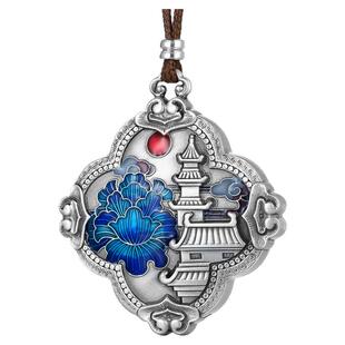 高档足银999黄鹤楼吊坠纯银男女珐琅彩牡丹花项链挂坠复古新款