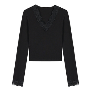 pusumede 维纳恋曲 蕾丝拼接v领长袖t恤女设计感气质修身打底上衣