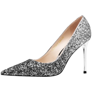 JOOC玖诗亮片高跟鞋女细跟春夏尖头婚鞋单鞋码小码水晶鞋婚鞋