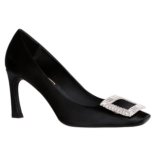 2025夏季新款rv黑色真丝绸缎水钻方扣方头高跟细跟婚纱新娘单鞋女